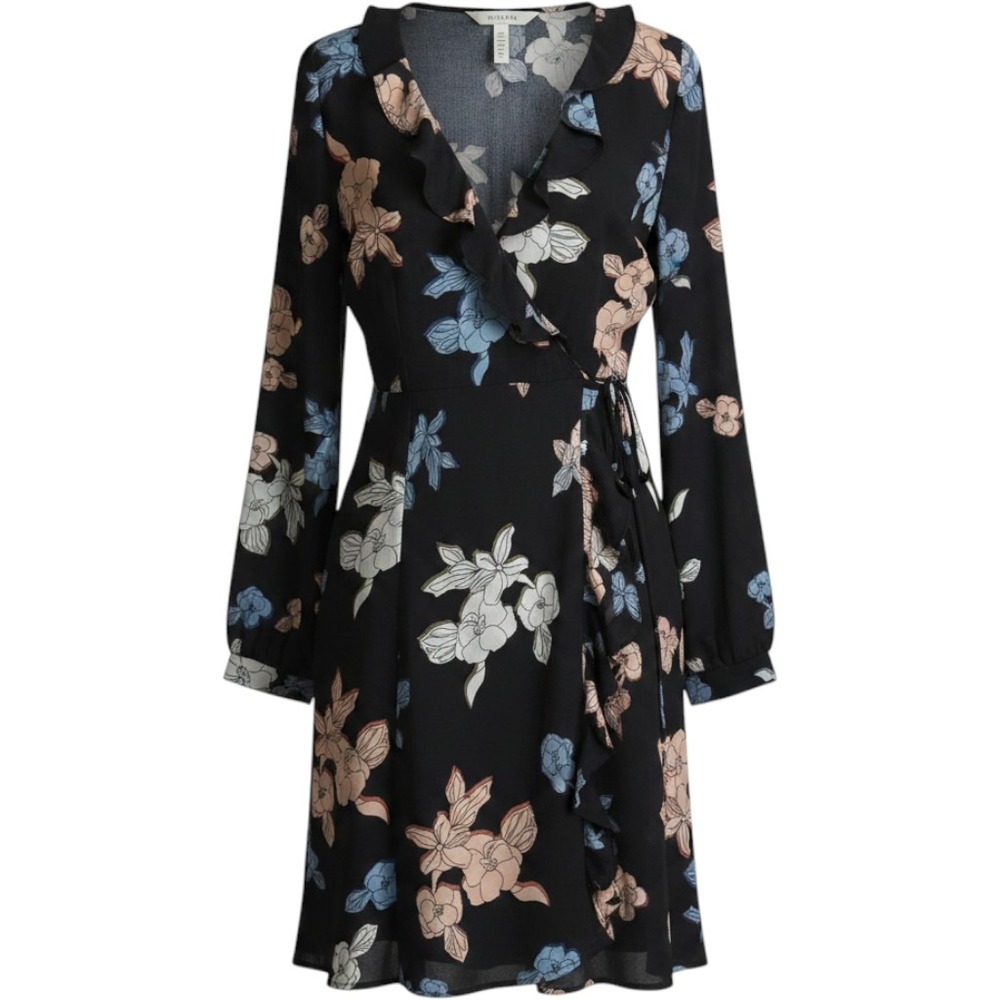 ASTR The Label Navy Floral Ruffle Wrap Dress Sz M Long Sleeve Mini